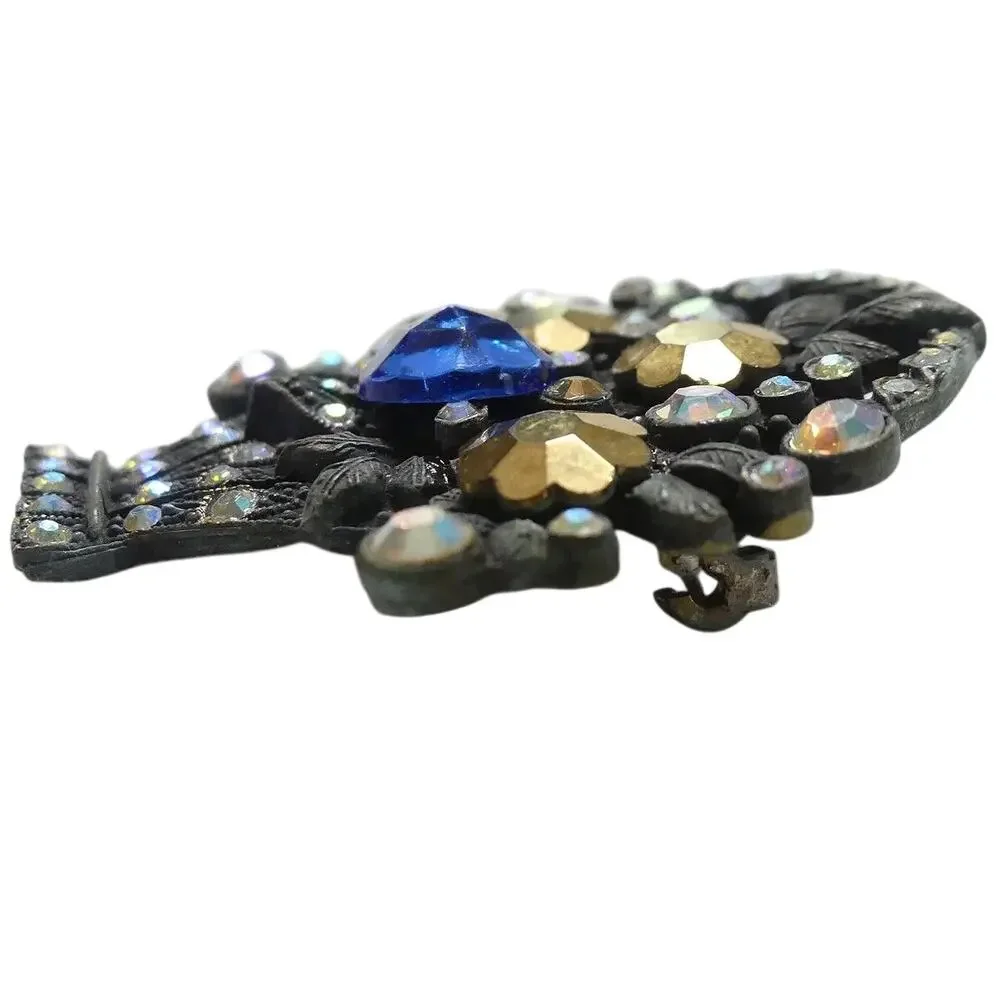 Vintage Mid Century Flower Basket Brooch with Cobalt, Aurora Borealis Rhinestone